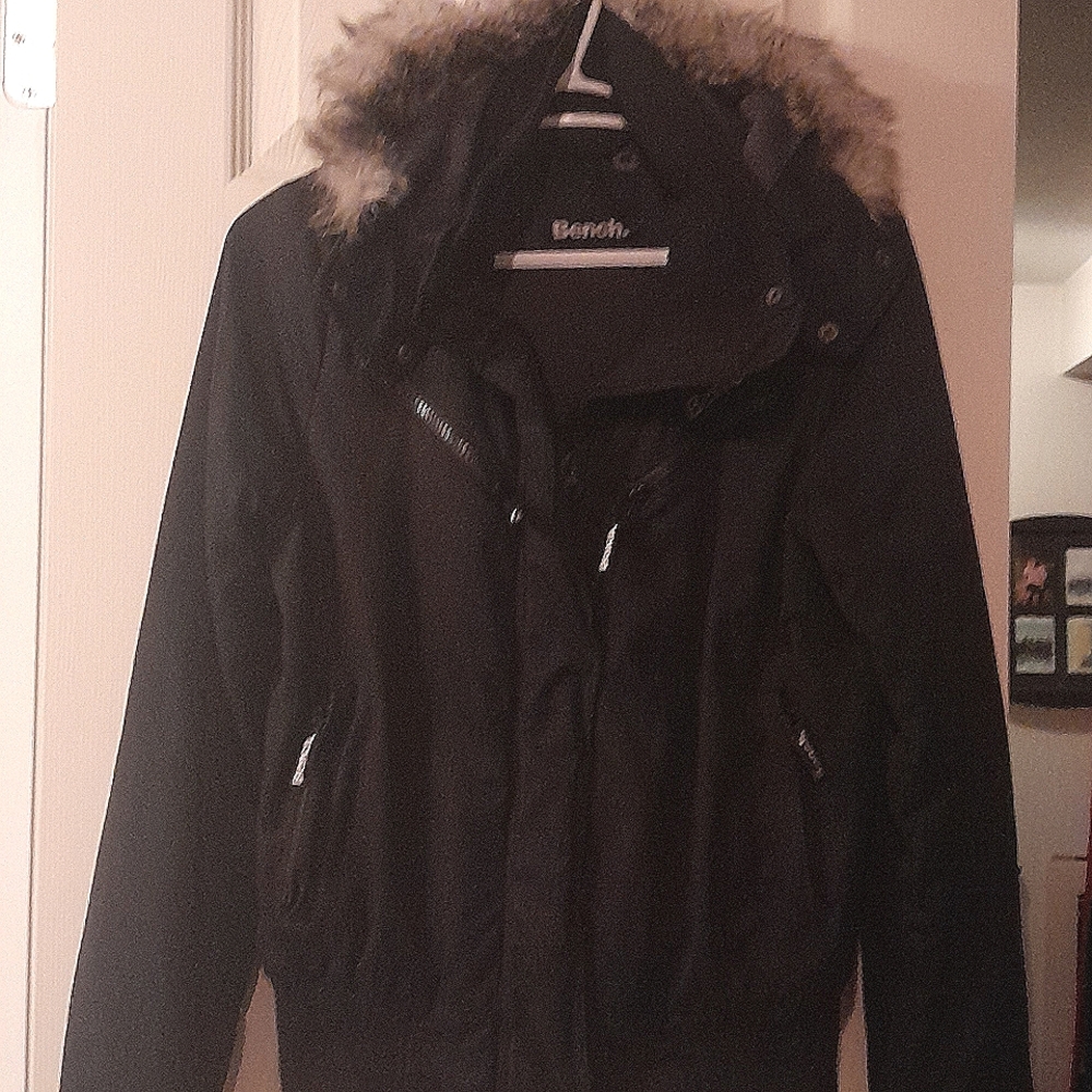 Black hooded BENCH bomber jacket with fur hood